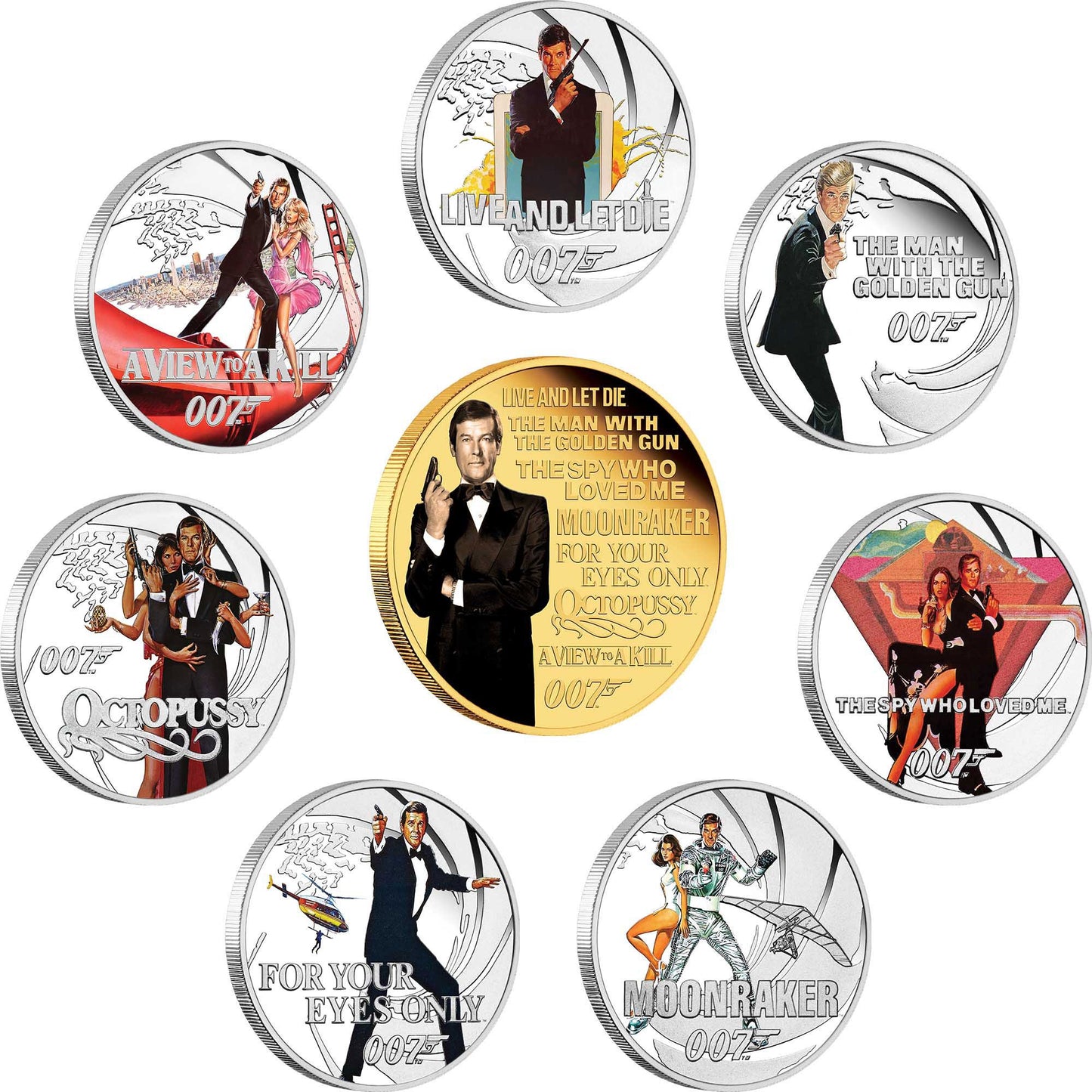 2024 James Bond Roger Moore - $1 & 50c Silver Proof 1oz & .5oz in 8 Coin Collection
