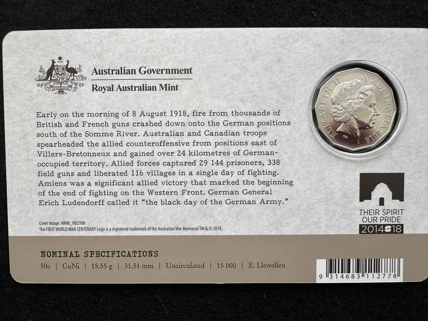 2018 50 cent The Battle of AMIENS The Western Front 1918-2018 carded coin