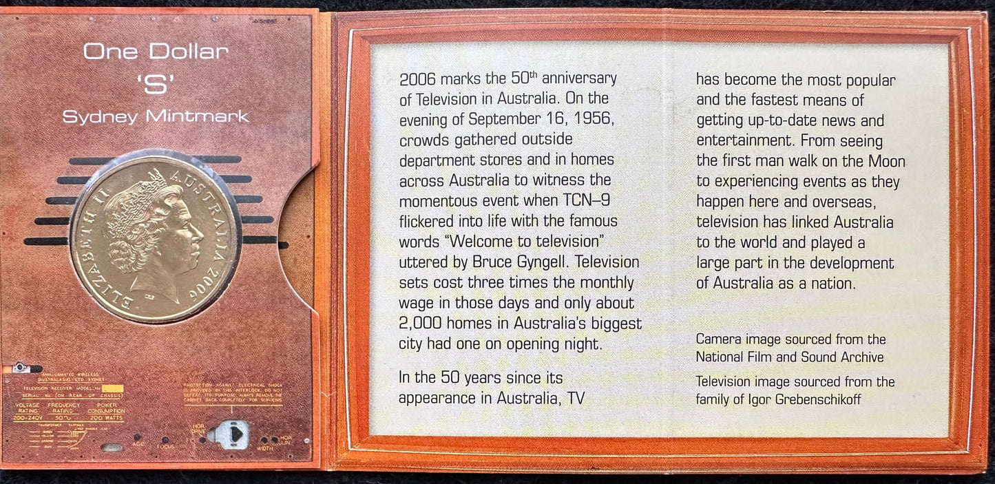 2006 50 Years of Australian Television "S Mintmark" One Dollar Coin in Ram Card