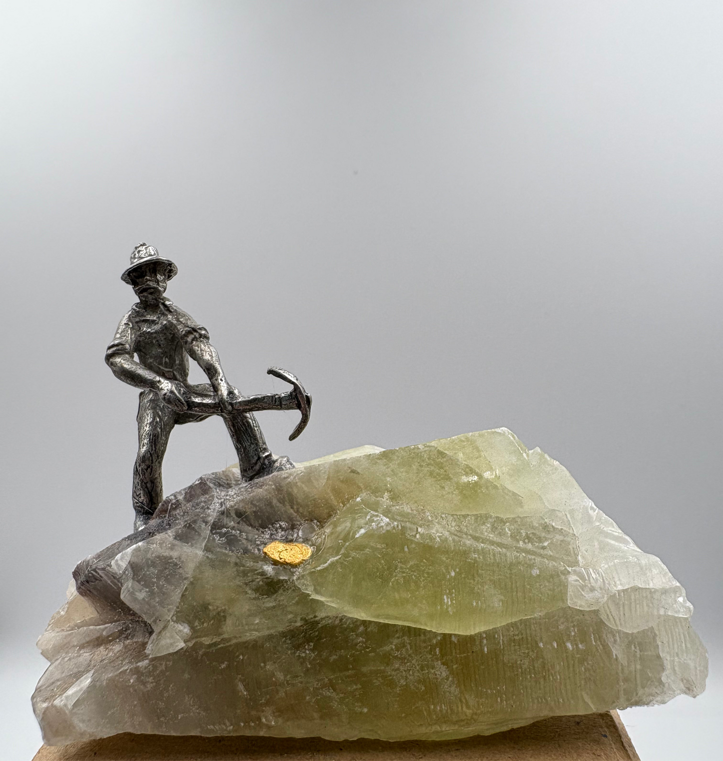 Pewter Gold Prospector with - Pocket Treasure Gold Nugget and Green Calcite Crystal