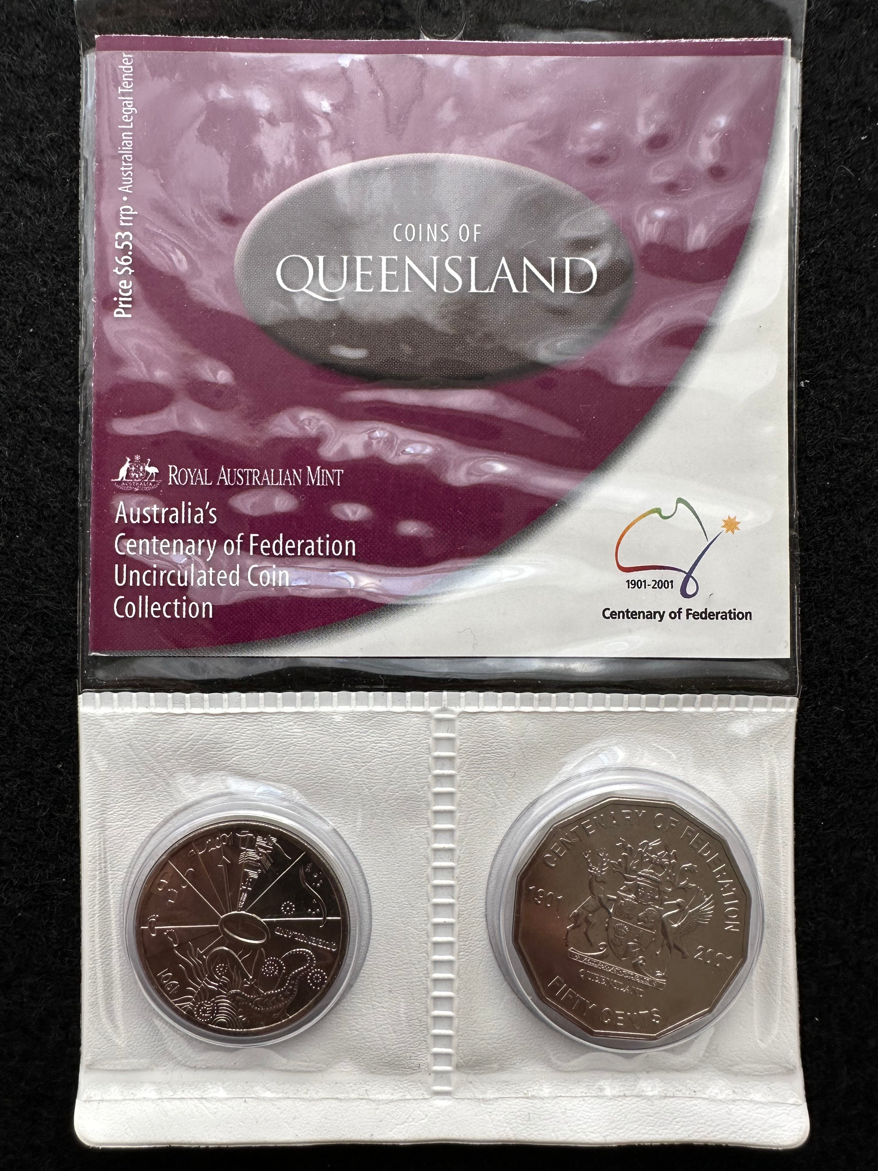 2001 20 & 50 cent Centenary of Federation 2 Coin Set Queensland UNCI