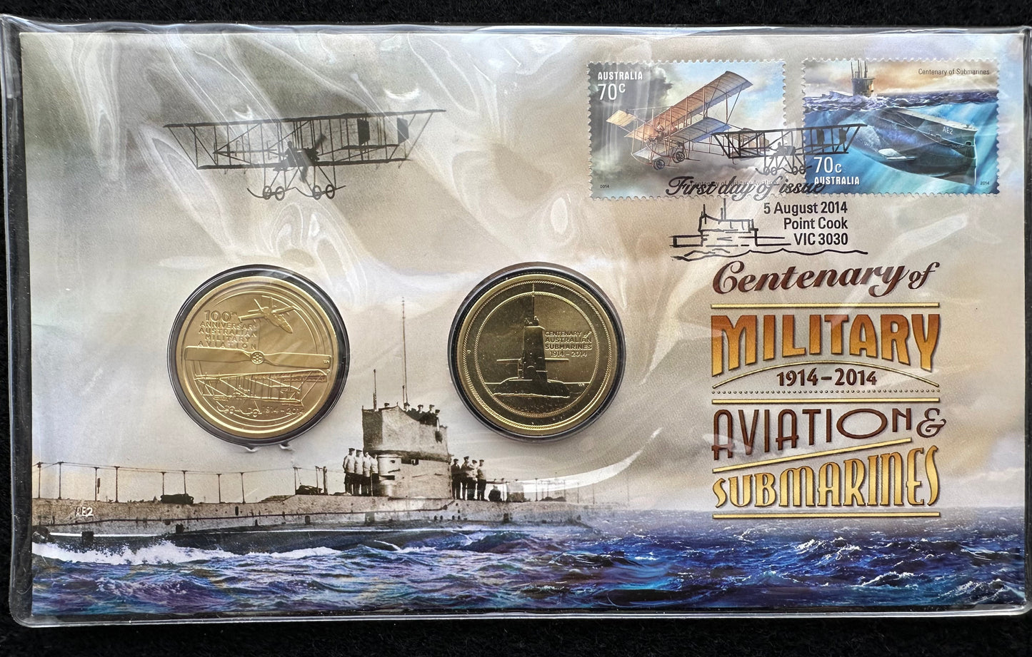 2014 $1 Centenary of Military Aviation and Submarines 2 Coin and Stamp Cover PNC