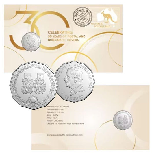 2024 30 Years of Postal Numismatic Covers (PNC's) 50 cent Naidoc coin