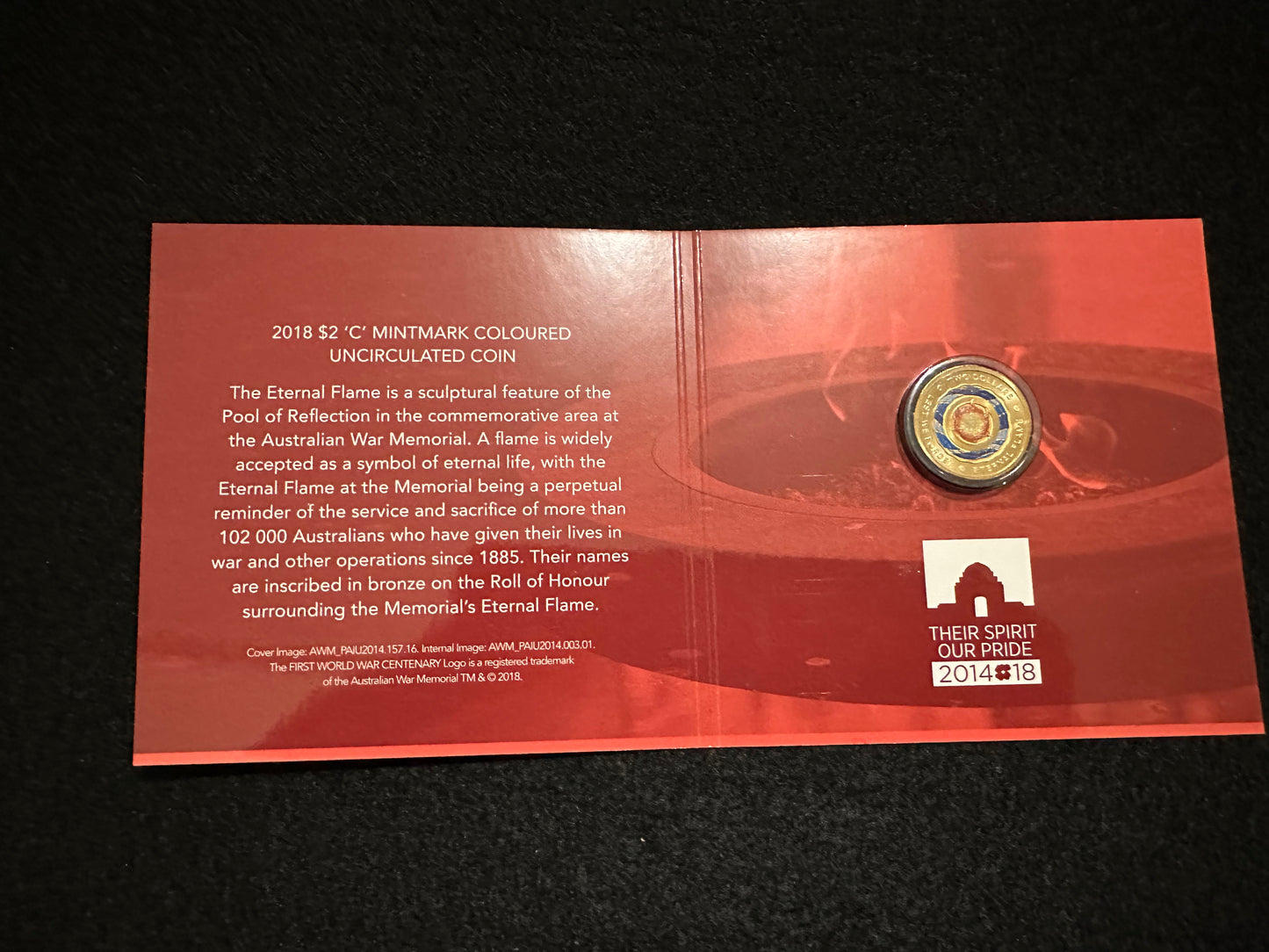 2018 $2 LEST We Forget Eternal Flame 'C' Mintmark Coloured Uncirculated Coin in card
