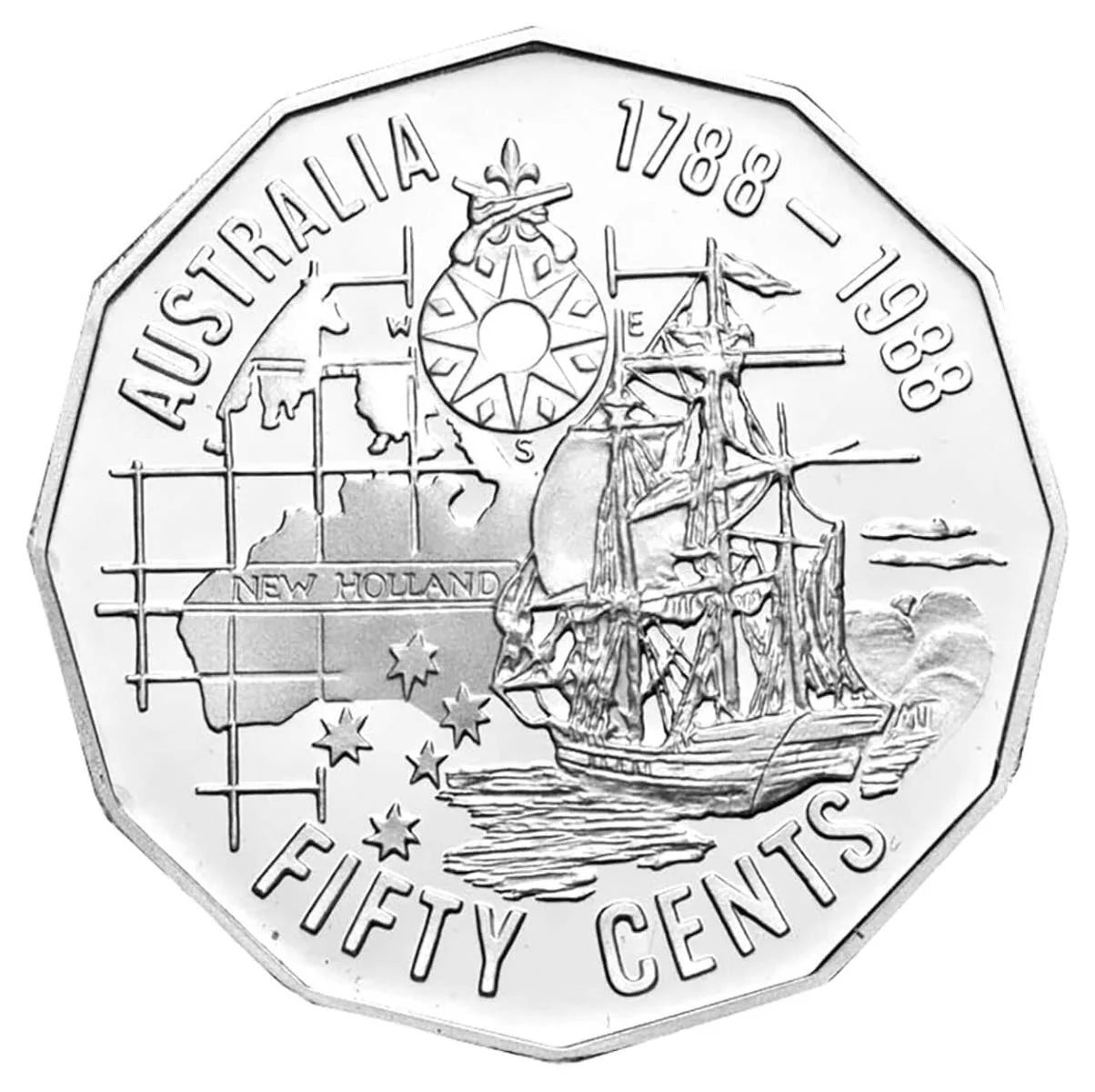 1988 Uncirculated Australia's Bicentenary First Fleet 50 cent coin - Tall Ships
