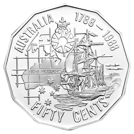 1988 Australia's Bicentenary First Fleet 50 cent coin - Tall Ships - CIRCULATED