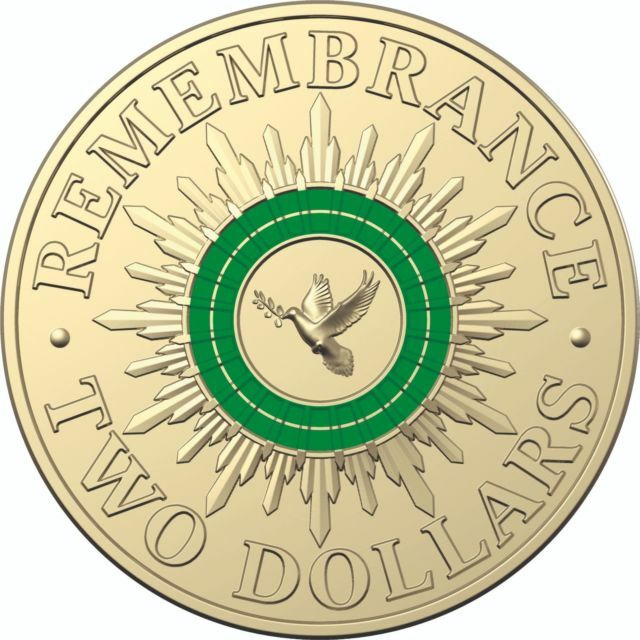 2014 $2 Dollar Remembrance Day Green Dove coin UNCIRCULATED from RAM roll