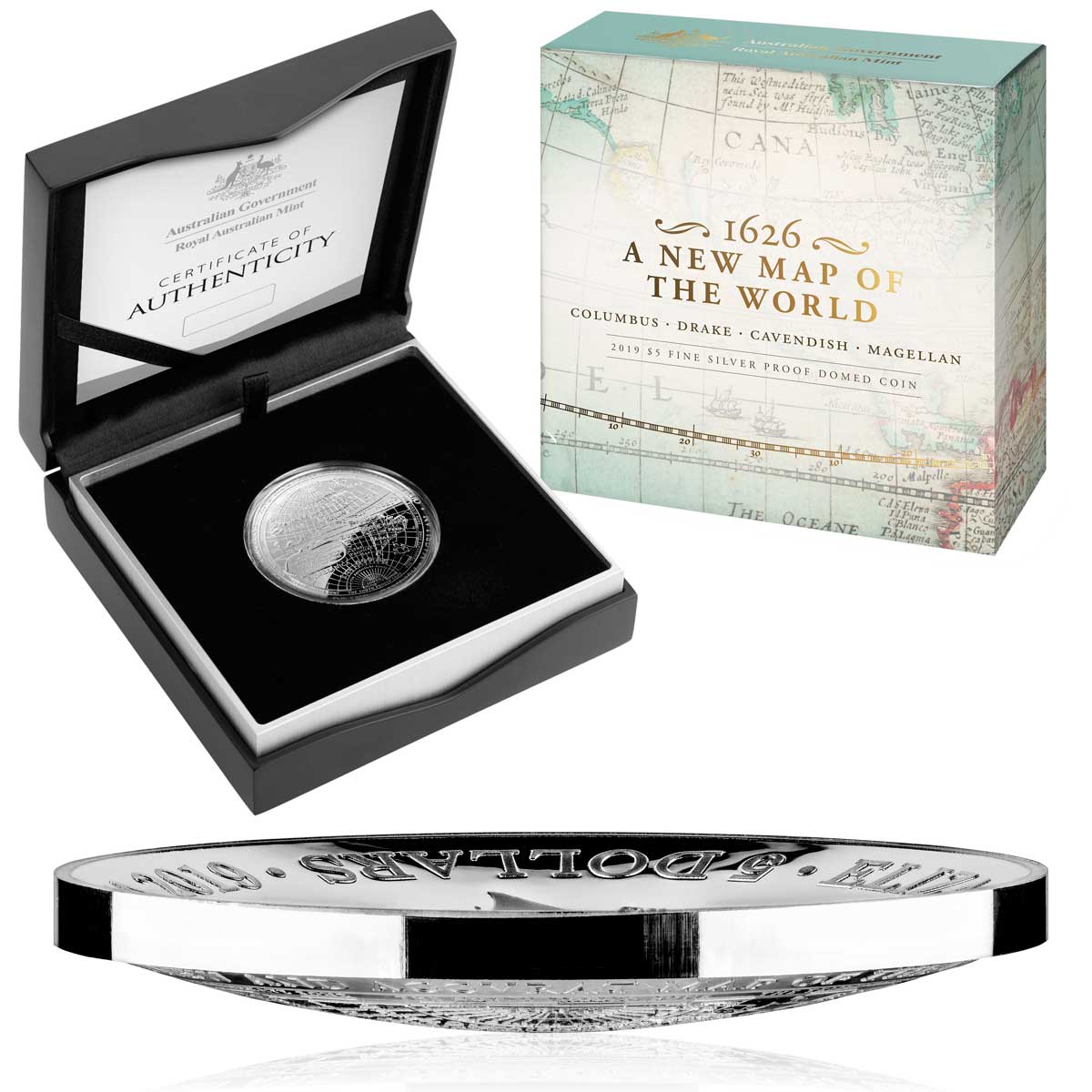 2019 $5 1626 A New Map Of The World Silver Proof Domed Coin