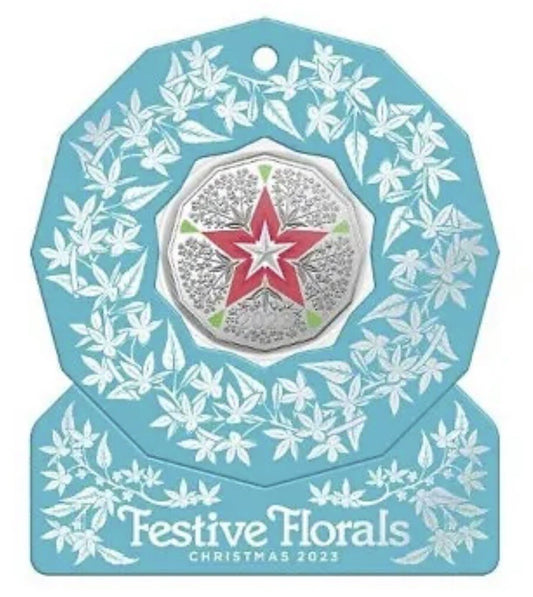 2023 50 Cent Christmas Decoration Coin Festive Floral Uncirculated - Blue card