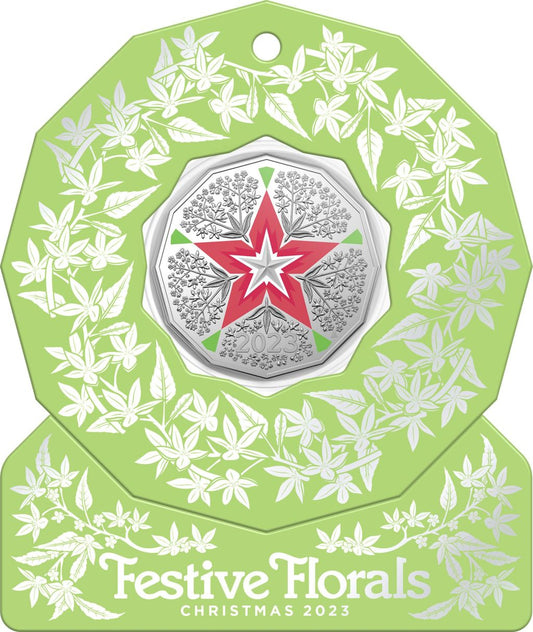 2023 50 Cent Christmas Decoration Coin Festive Floral Uncirculated - Green Card