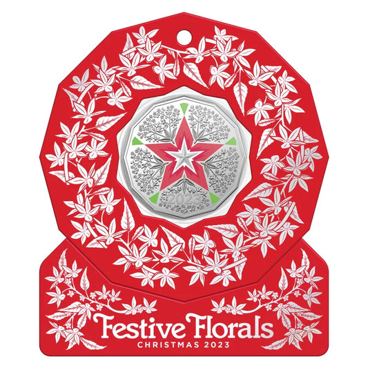 2023 50 Cent Christmas Decoration Coin Festive Floral Uncirculated - Red Card