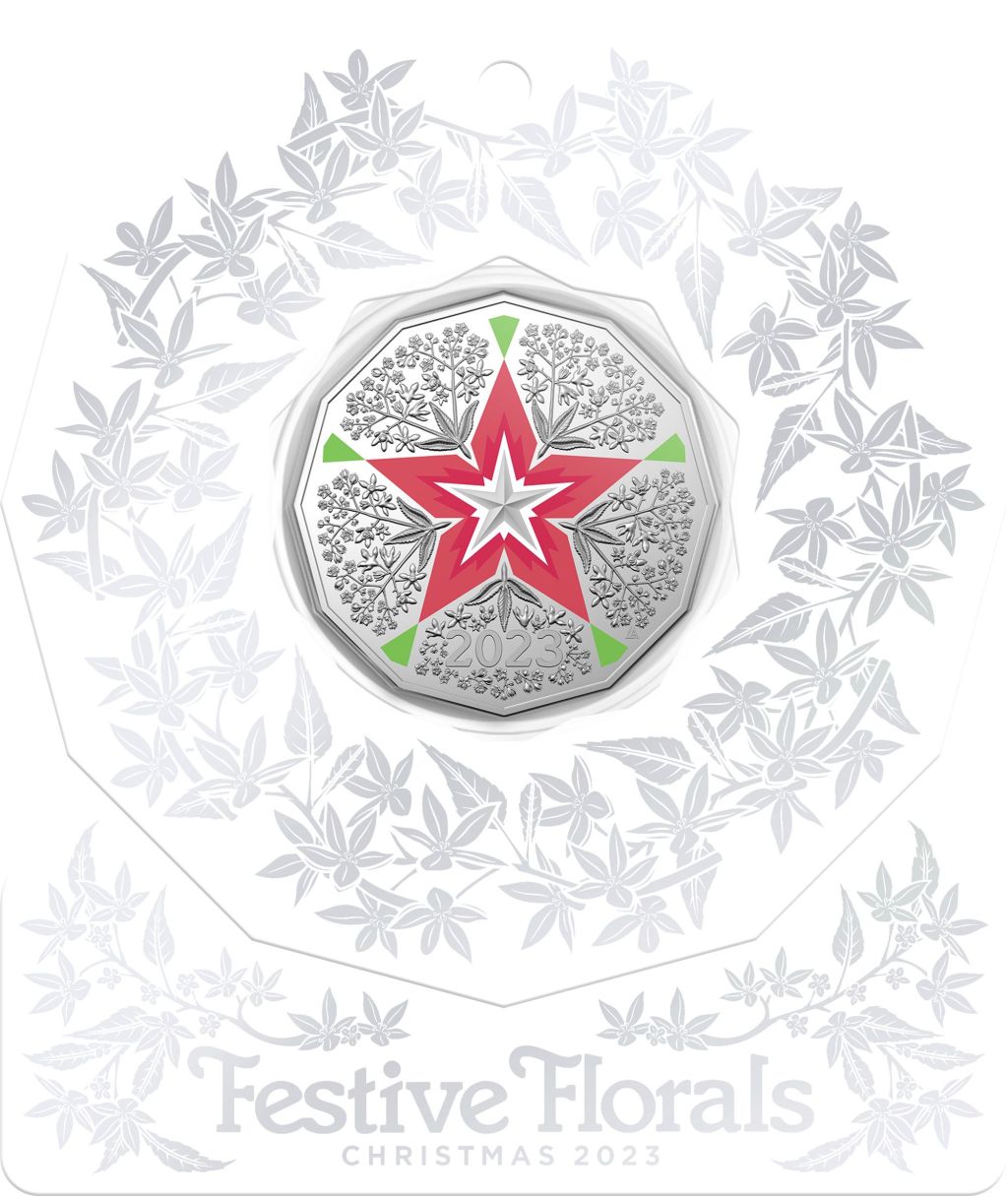 2023 50 Cent Christmas Decoration Coin Festive Floral Uncirculated - White Card
