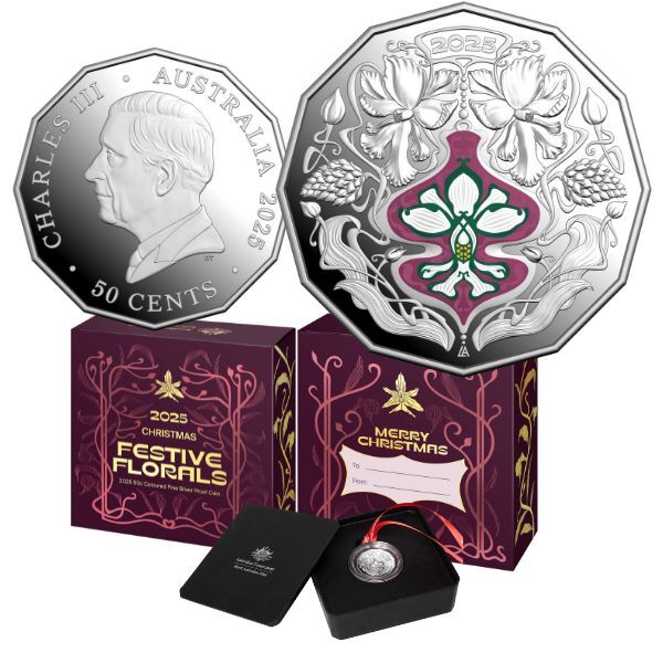 2025 Christmas Festive Florals Coloured 50c Fine Silver Proof Coin