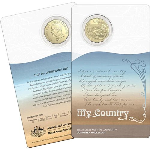 2025 Dorothea Mackellar Uncirculated 50 cent carded coin - My Country