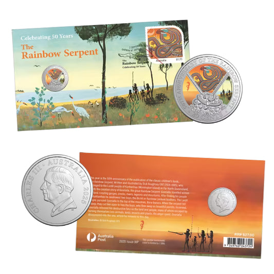 2025 Coloured 20 Cent Rainbow Serpent 50th Anniversary Postal Numismatic Cover – Limited Edition