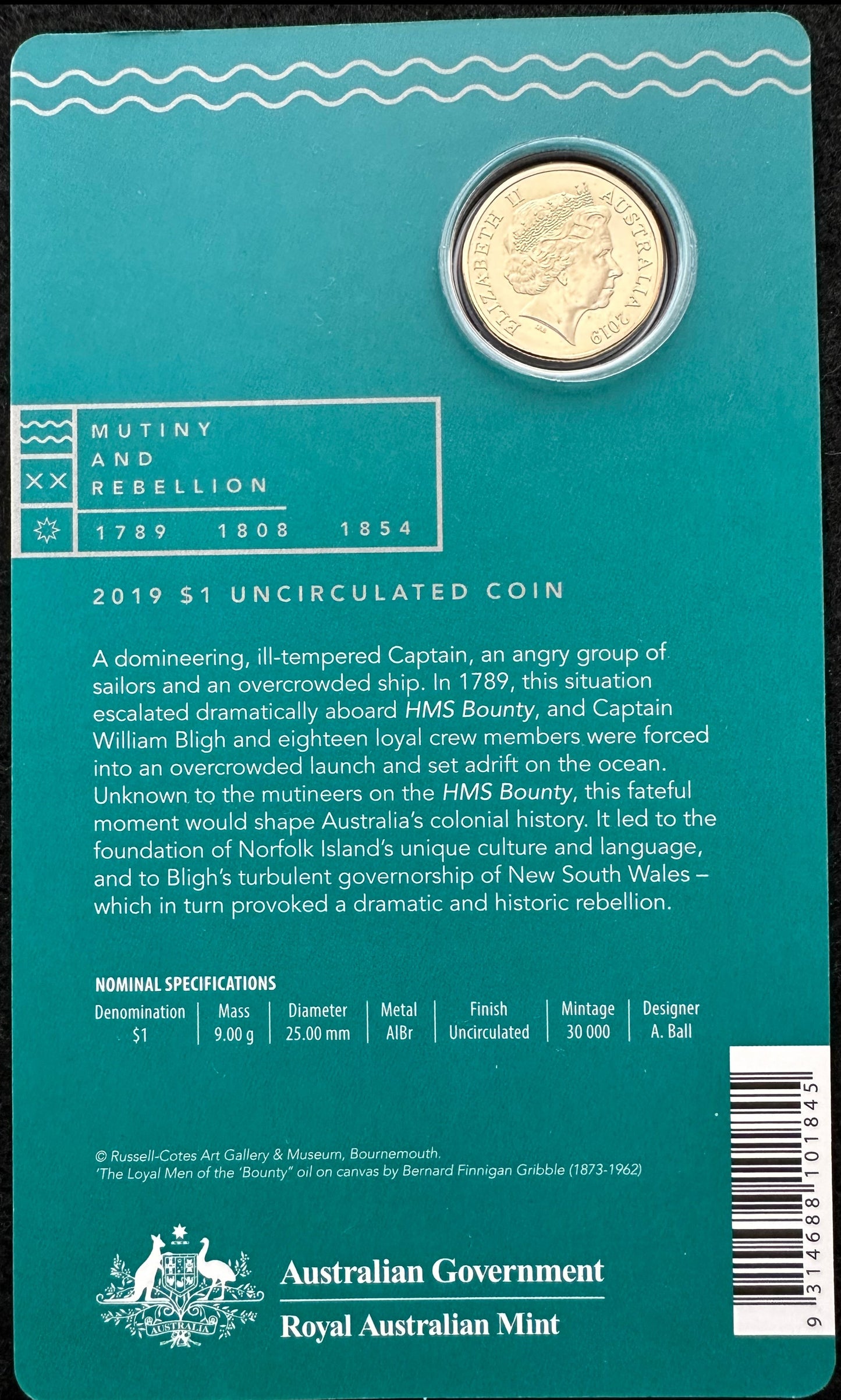 2019 $1 Mutiny on the Bounty 1789 coin on card