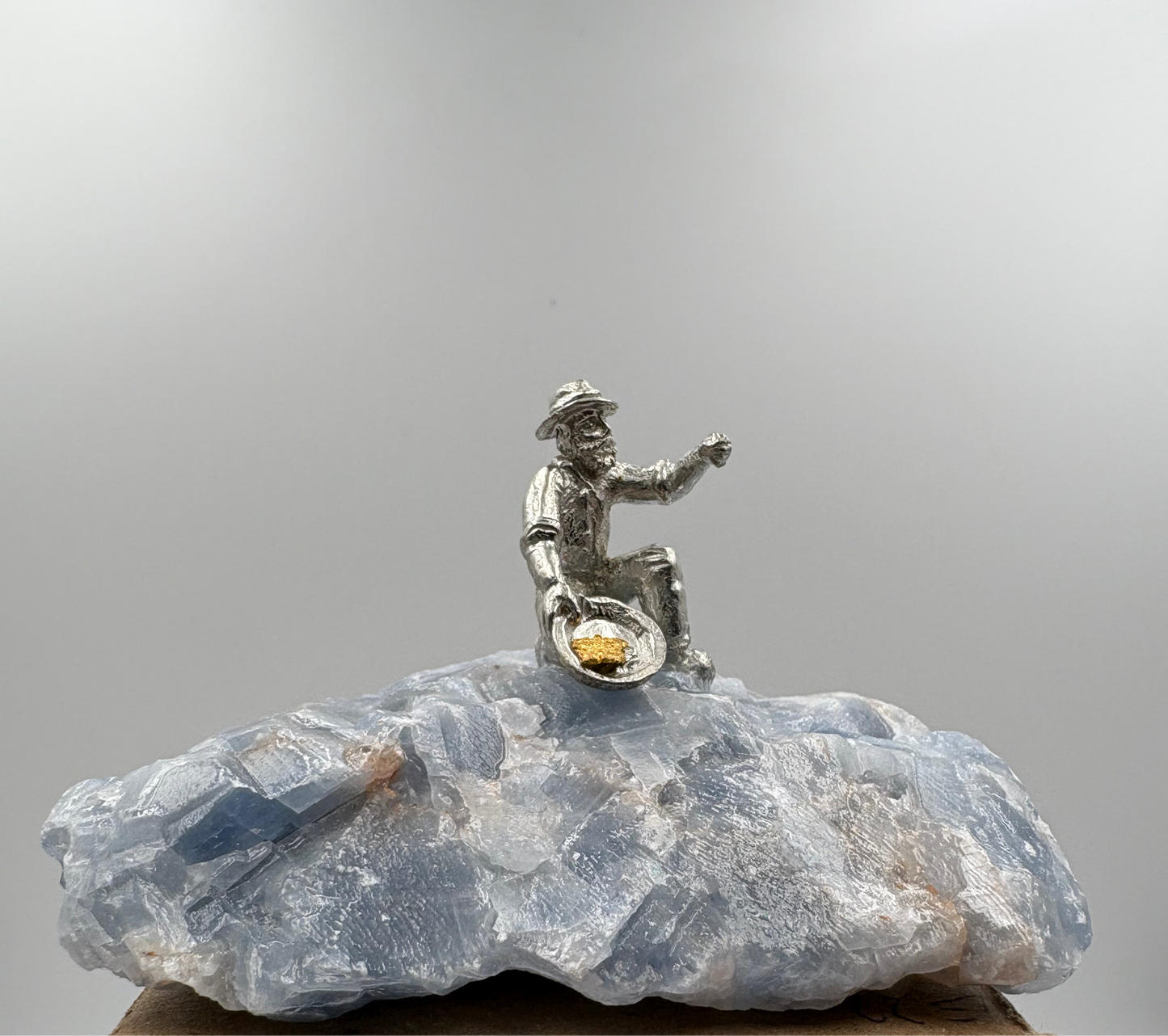 Pewter Gold Prospector with - Pocket Treasure Gold Nugget and Blue Calcite Crystal