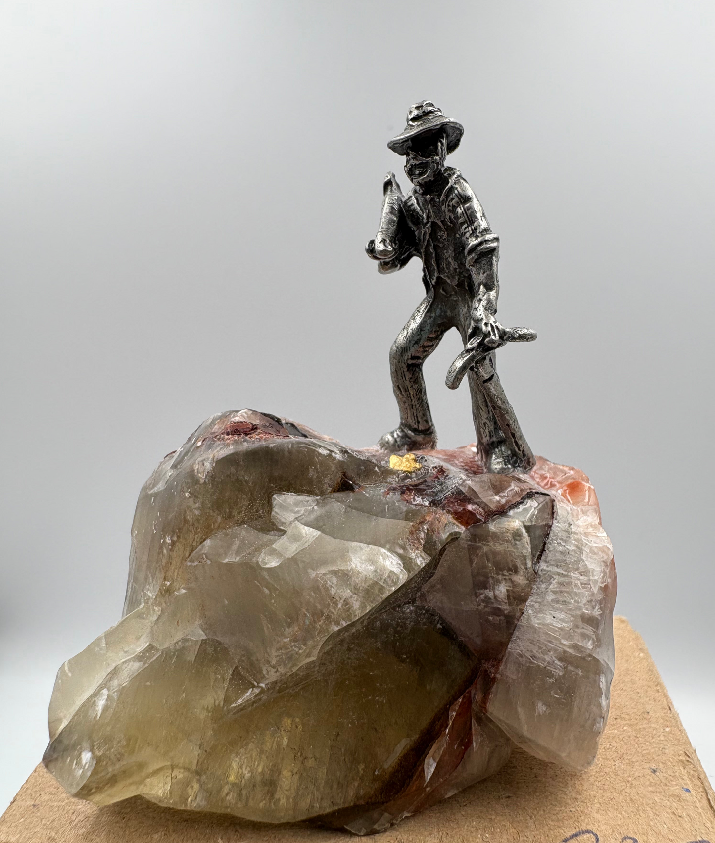 Pewter Gold Prospector with - Pocket Treasure Gold Nugget and Tri Colour Calcite Crystal