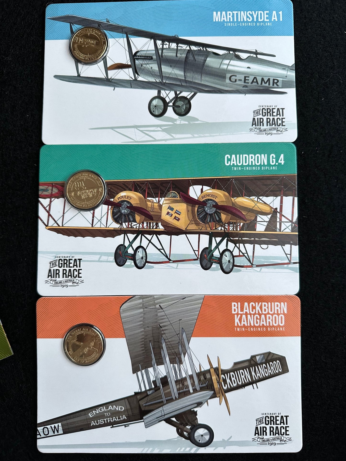 2019 Centenary of the Great Air Race England to Australia. 8 Coin Tin Set.