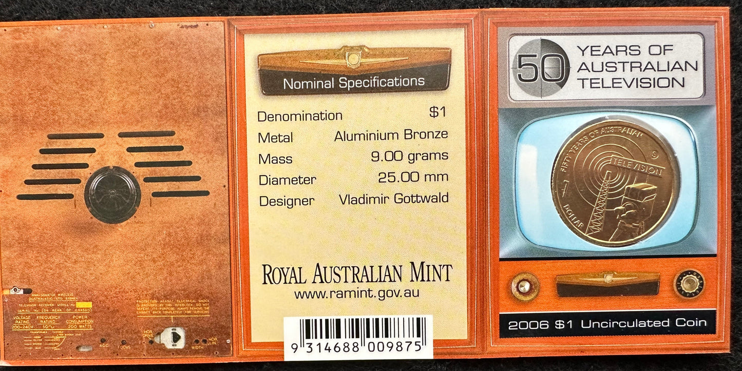2006 50 Years of Australian Television "S Mintmark" One Dollar Coin in Ram Card