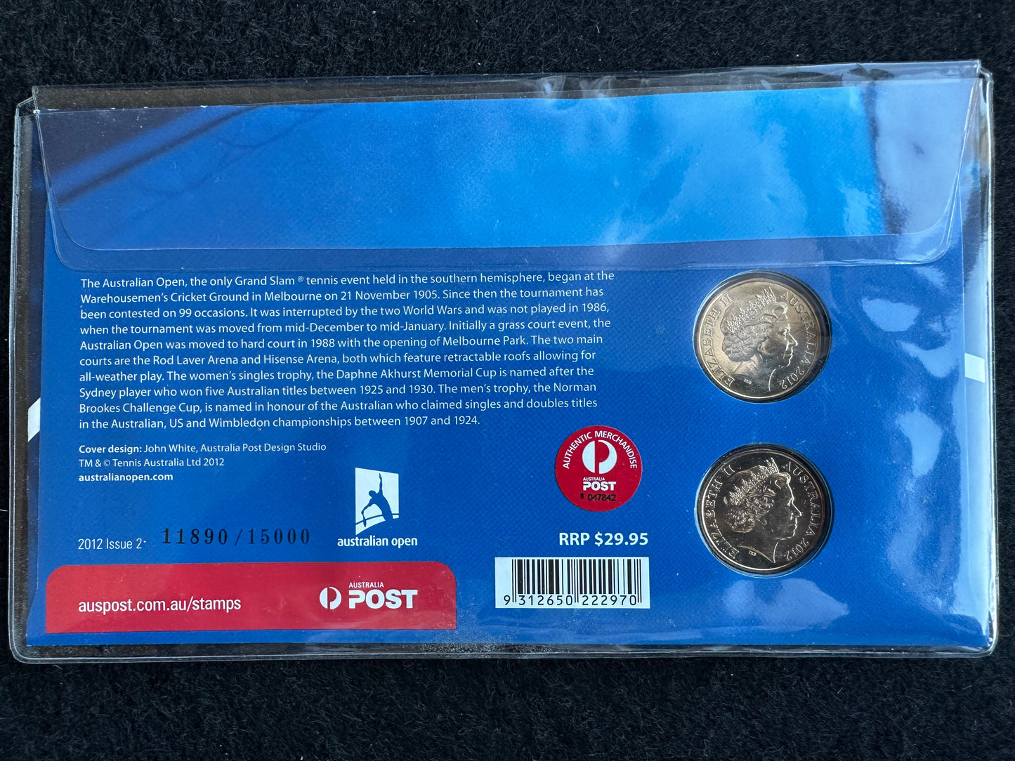2012 $1 One Dollar Australian Open 2 Coin & Stamp Cover PNC