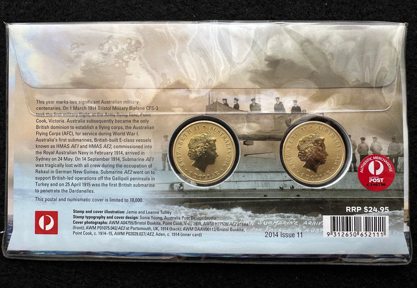 2014 $1 Centenary of Military Aviation and Submarines 2 Coin and Stamp Cover PNC