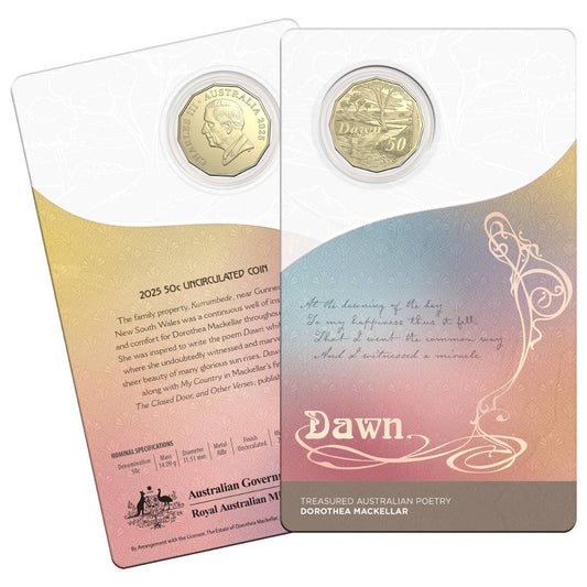 2025 Dorothea Mackellar Uncirculated 50 cent carded coin - Dawn