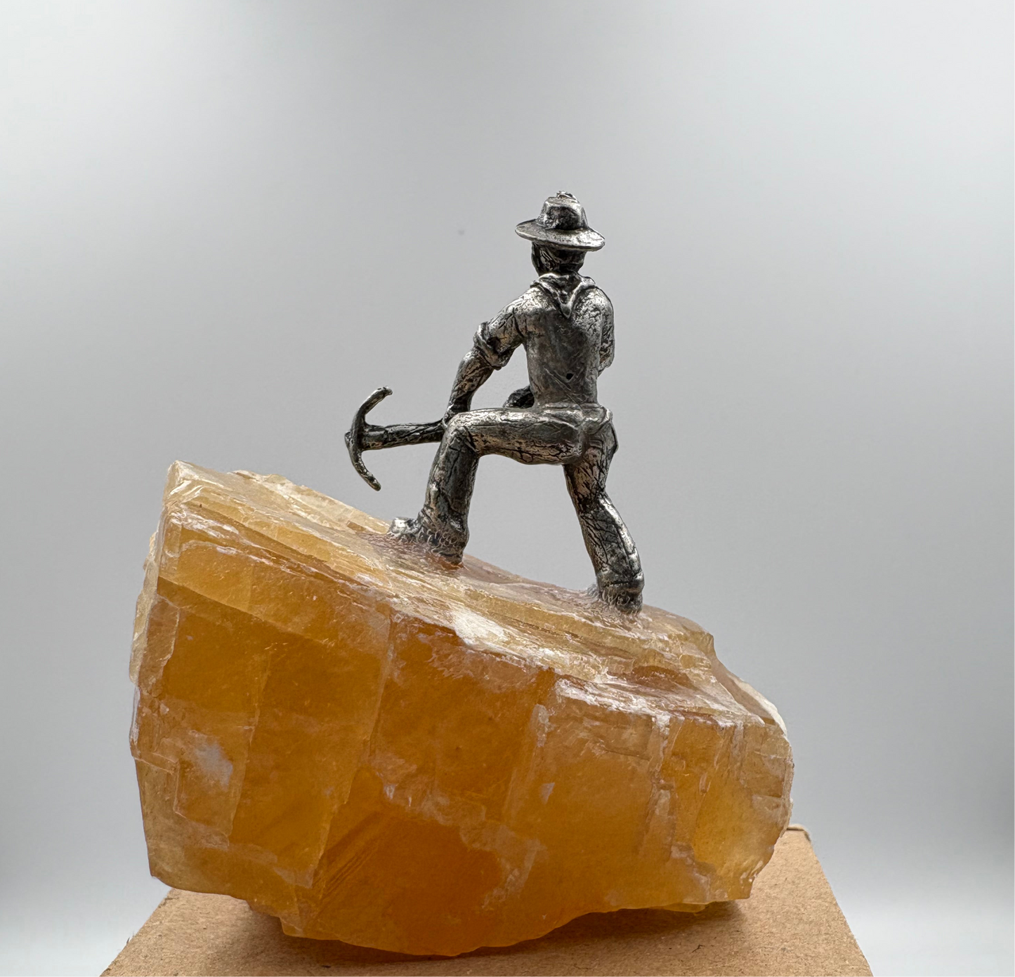 Pewter Gold Prospector with - Pocket Treasure Gold Nugget and Honey Calcite Crystal
