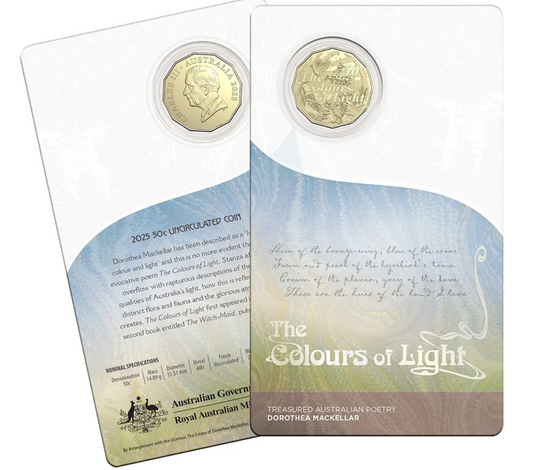 2025 Dorothea Mackellar Uncirculated 50 cent carded coin - The Colours of Light