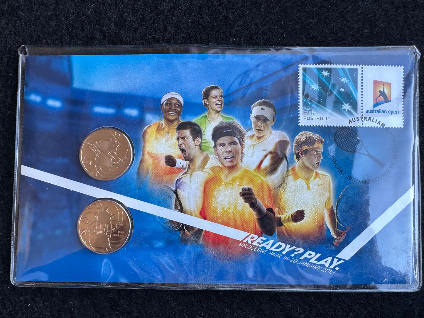 2012 $1 One Dollar Australian Open 2 Coin & Stamp Cover PNC