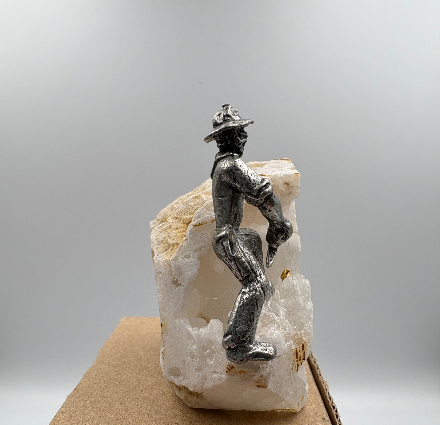 Pewter Gold Prospector with Pocket Treasure Gold Nugget and Calcite Quartz Crystal
