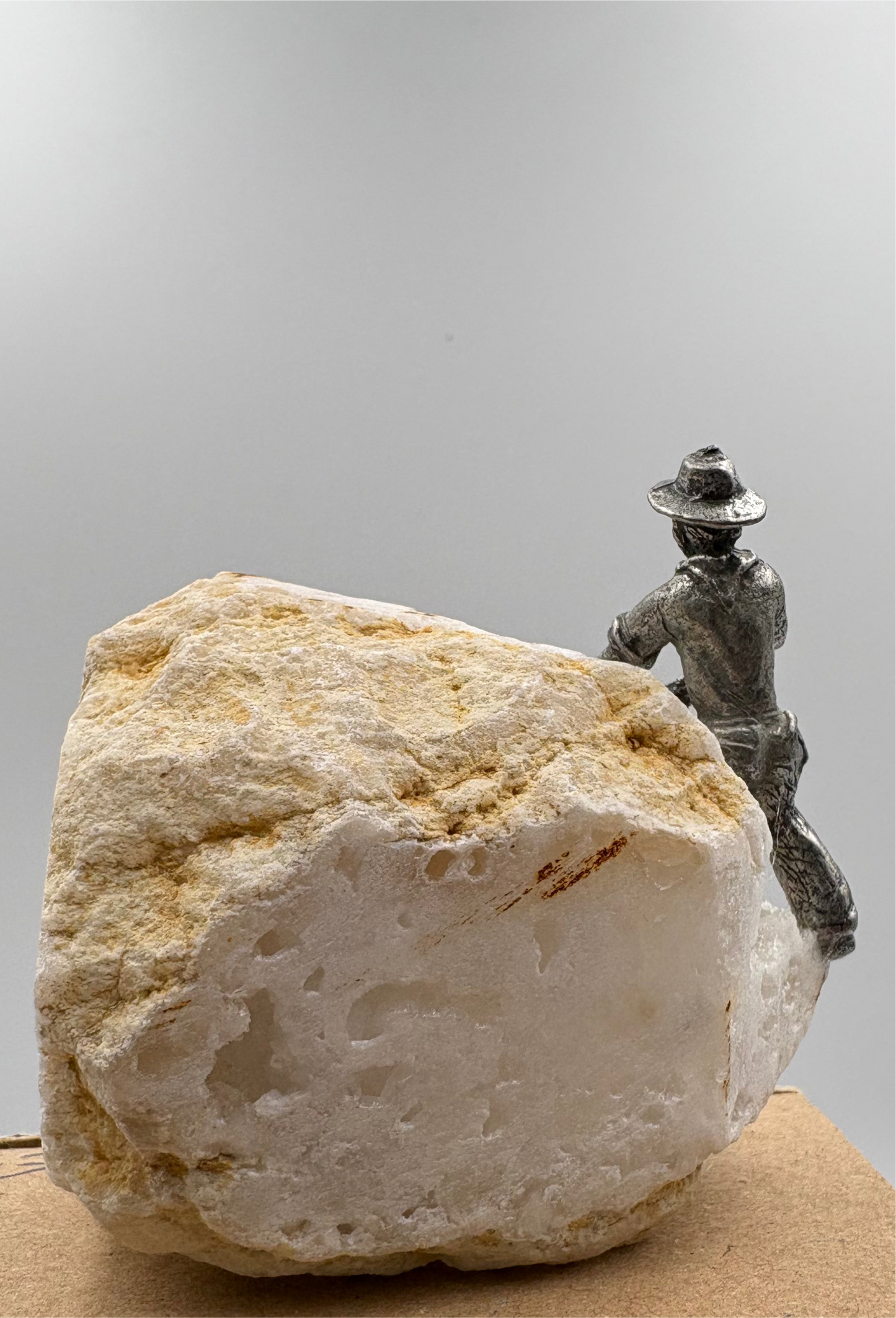 Pewter Gold Prospector with Pocket Treasure Gold Nugget and Calcite Quartz Crystal