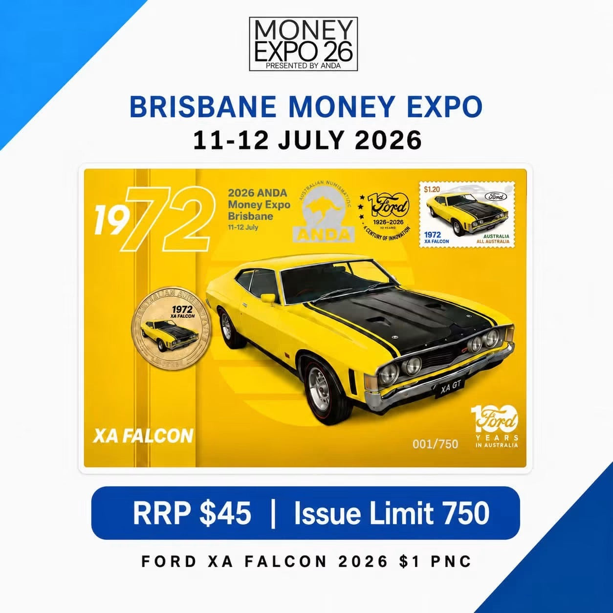 2026 Brisbane ANDA Money Expo Ford XA Falcon $1 Postal Numismatic Cover (PNC)