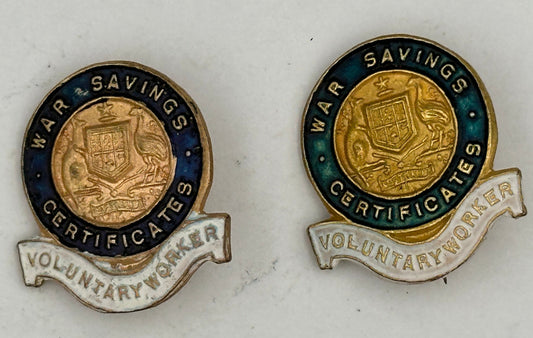 Vintage Pair of WWII War Savings Certificates voluntary Worker Enamel Lapel Badge