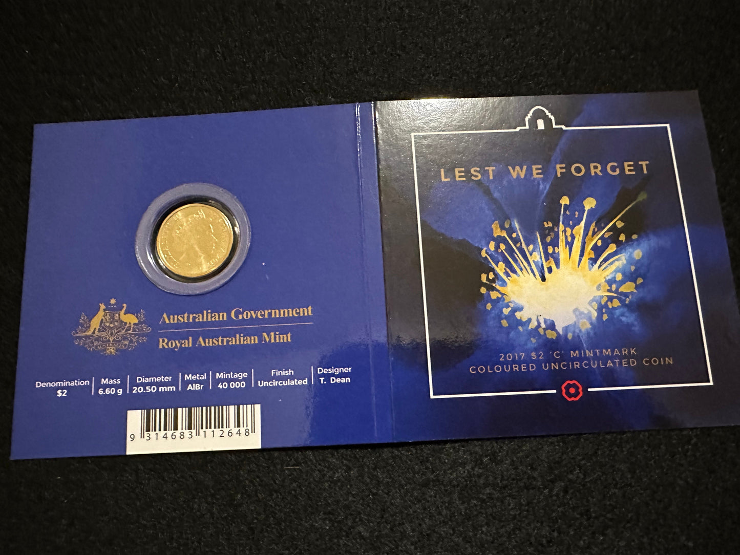 2017 $2 LEST We Forget 'C' Mintmark Coloured Uncirculated Coin in card