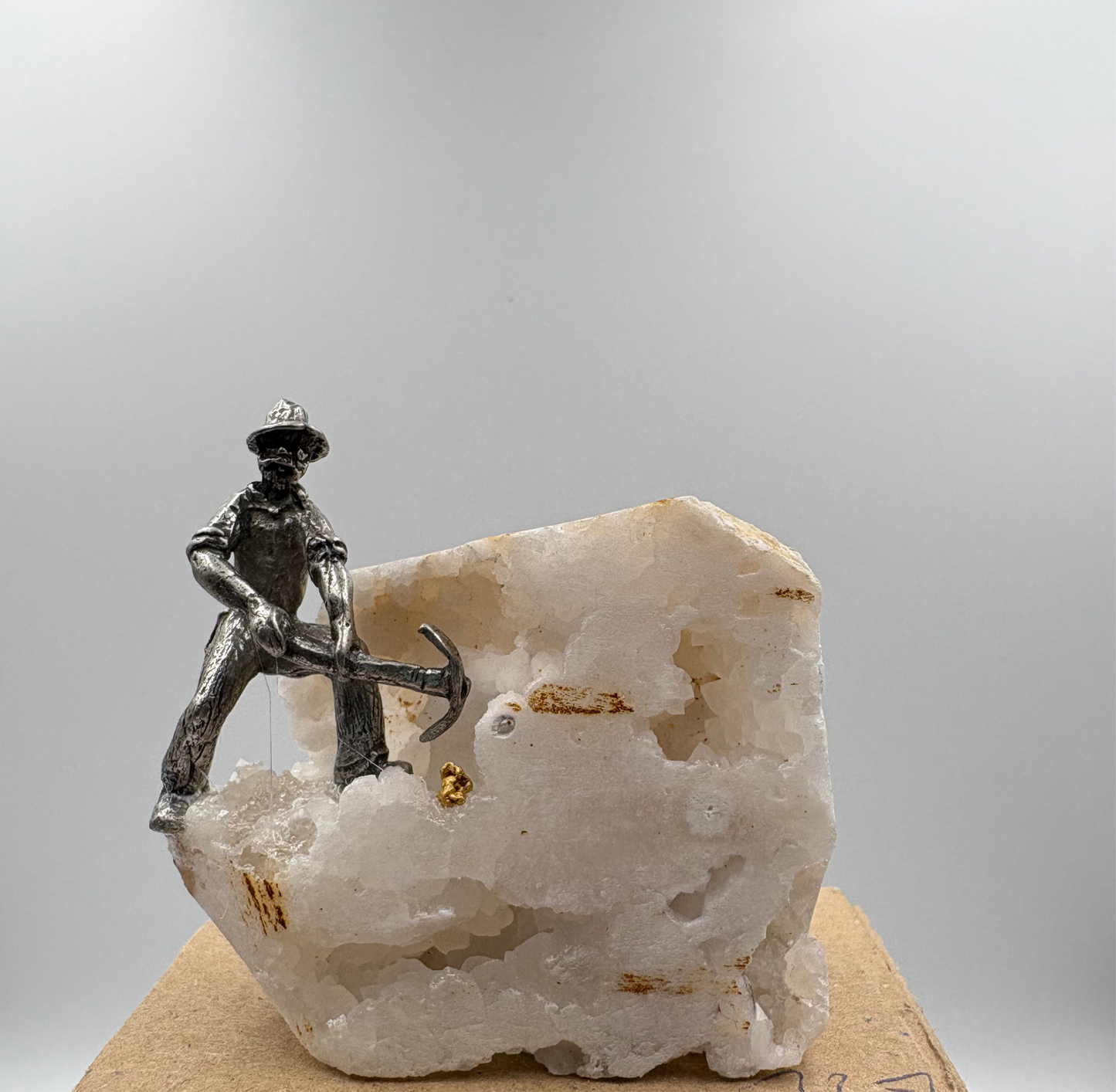 Pewter Gold Prospector with Pocket Treasure Gold Nugget and Calcite Quartz Crystal