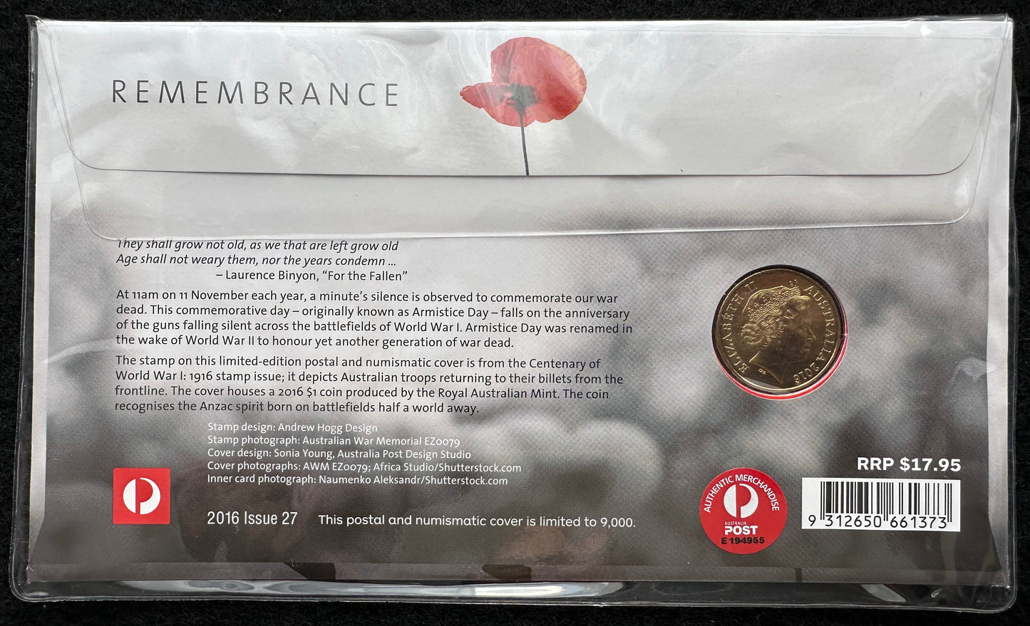 2016 $1 ANZAC Remembrance Lest We Forget PNC