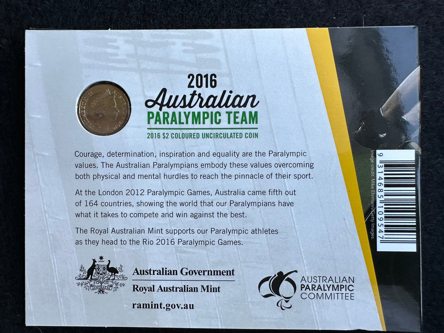2016 Australian Paralympics Coloured $2 Dollar coin in Folder RAM release