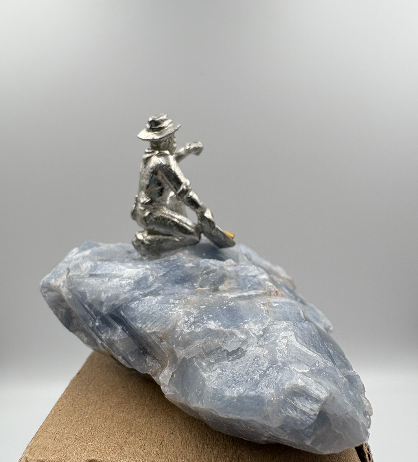 Pewter Gold Prospector with - Pocket Treasure Gold Nugget and Blue Calcite Crystal