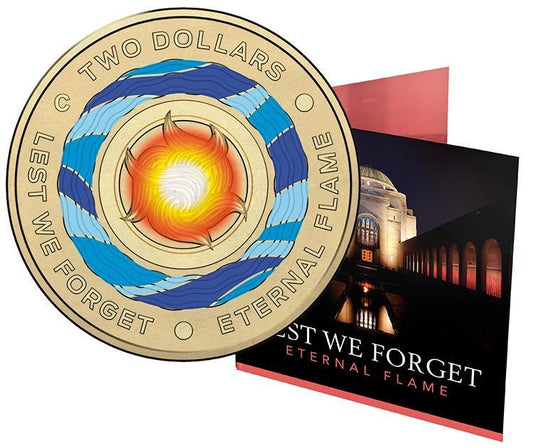 2018 $2 LEST We Forget Eternal Flame 'C' Mintmark Coloured Uncirculated Coin in card