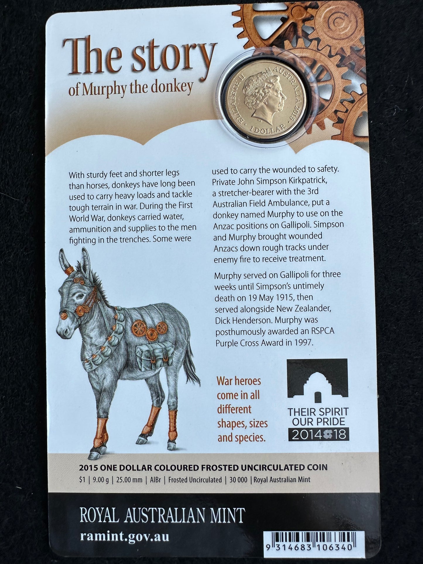 2015 $1 Dollar Unlikely Heroes Great & Small - Murphy the Donkey UNC
