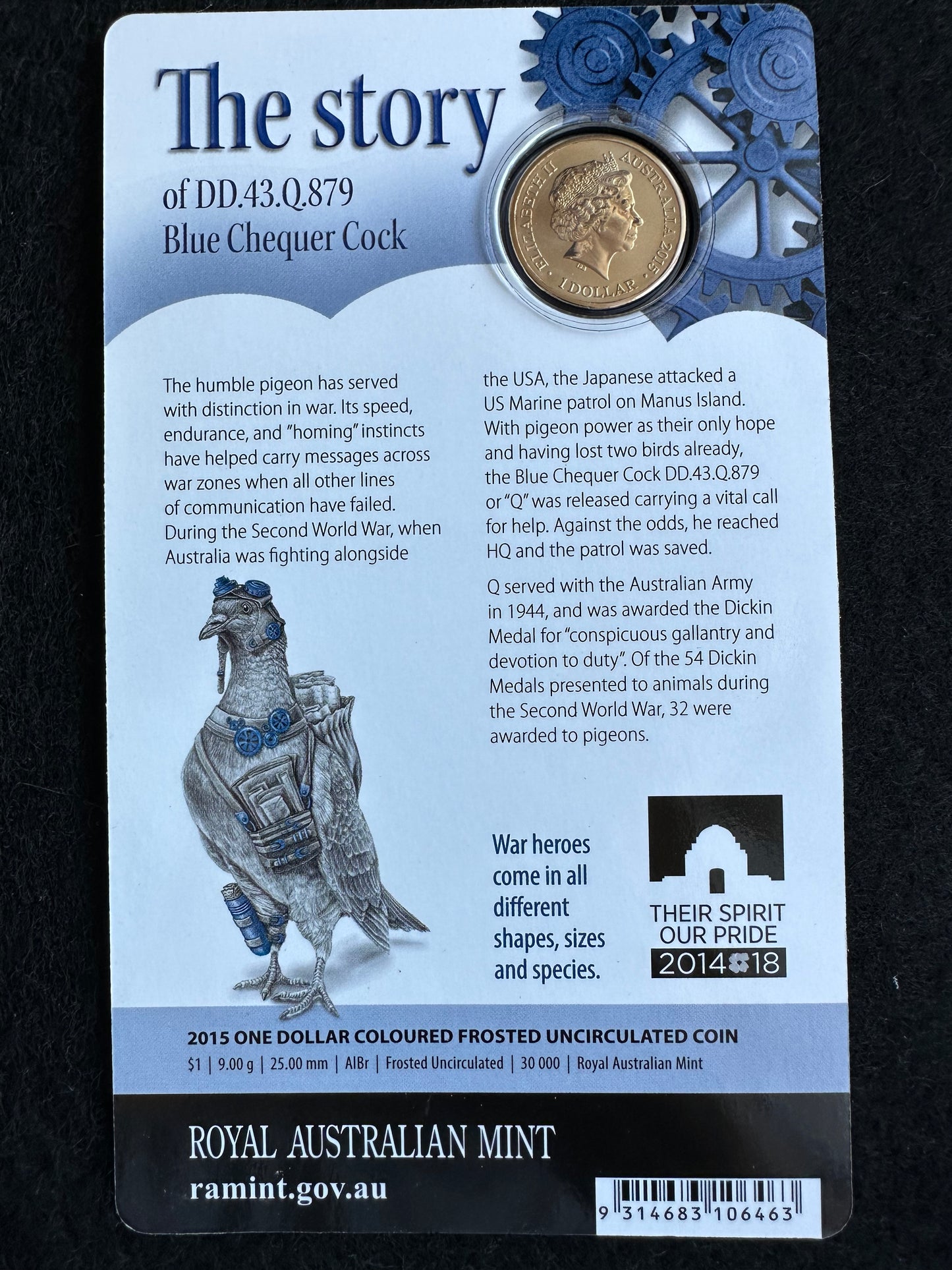2015 $1 Dollar Unlikely Heroes Great & Small - Blue Chequer Cock UNC