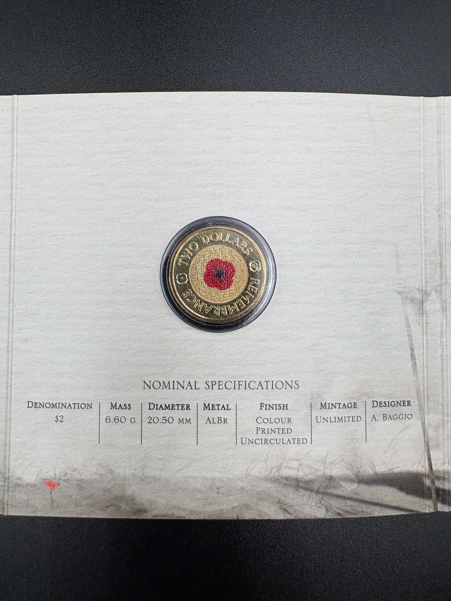 2012 Remembrance Day Red Poppy $2 C Mintmark Coin in Trifold Card