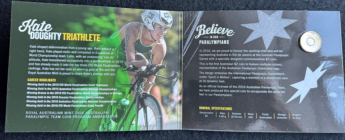 2016 Australian Paralympics Coloured $2 Dollar coin in Folder RAM release