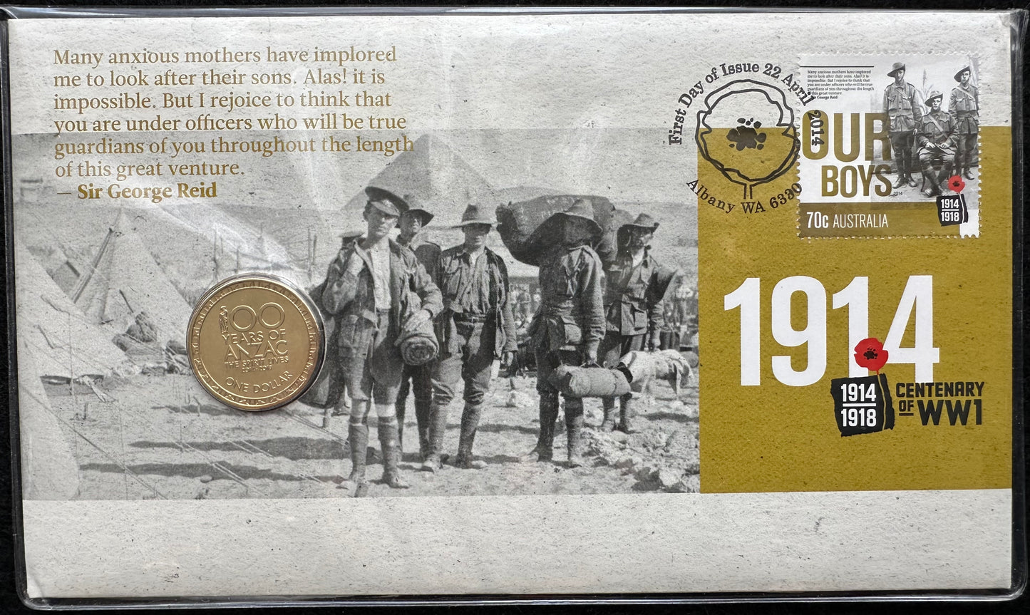 2014 $1 ANZAC Centenary of WWI - Our Boys Stamp and Coin Cover PNC