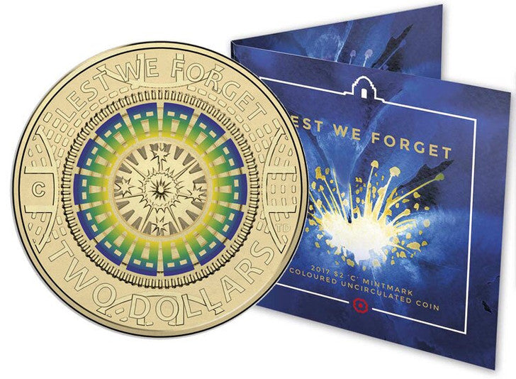 2017 $2 LEST We Forget 'C' Mintmark Coloured Uncirculated Coin in card
