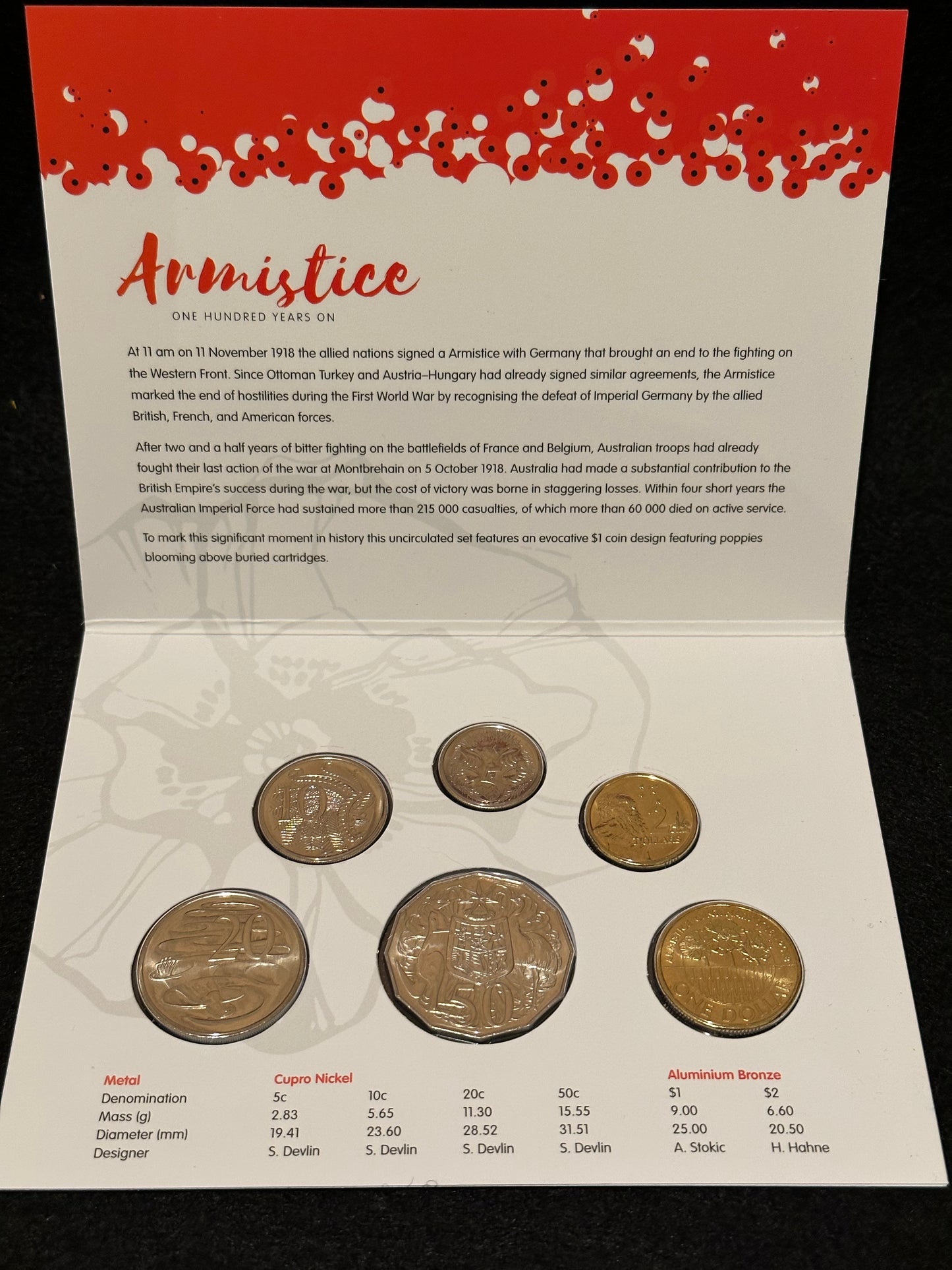 2018 Royal Australian Mint Armistice 100 Years On Uncirculated Six Coin Year Set
