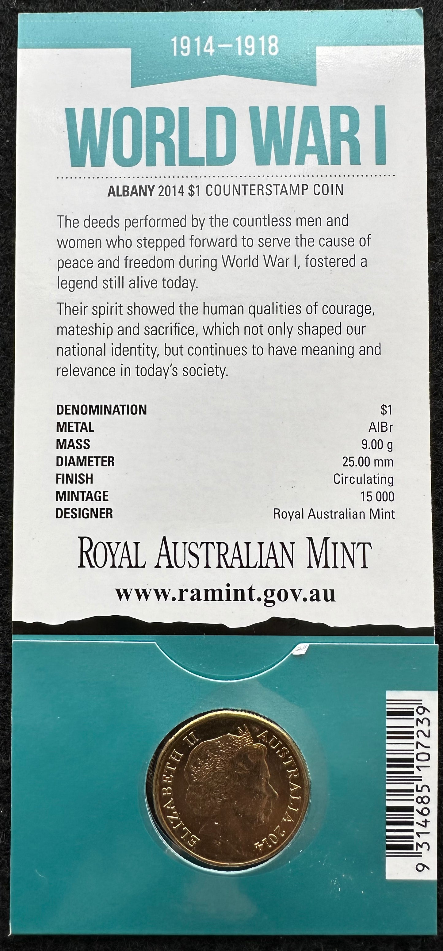 2014 $1 World War 1 Albany counterstamp