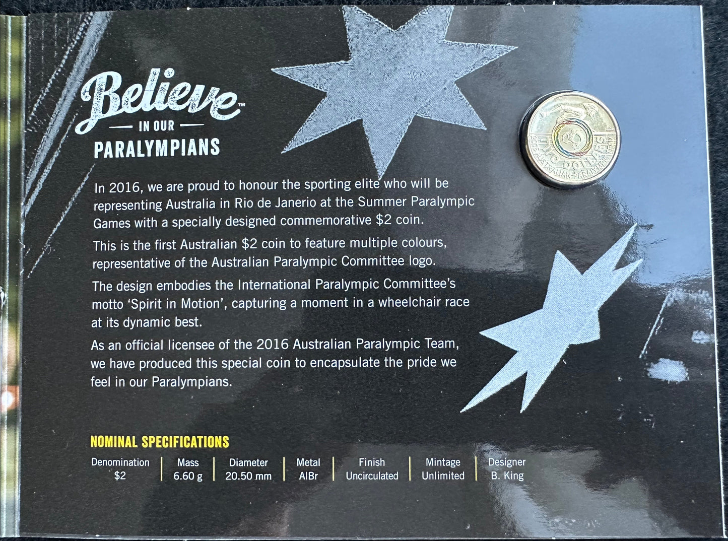 2016 Australian Paralympics Coloured $2 Dollar coin in Folder RAM release
