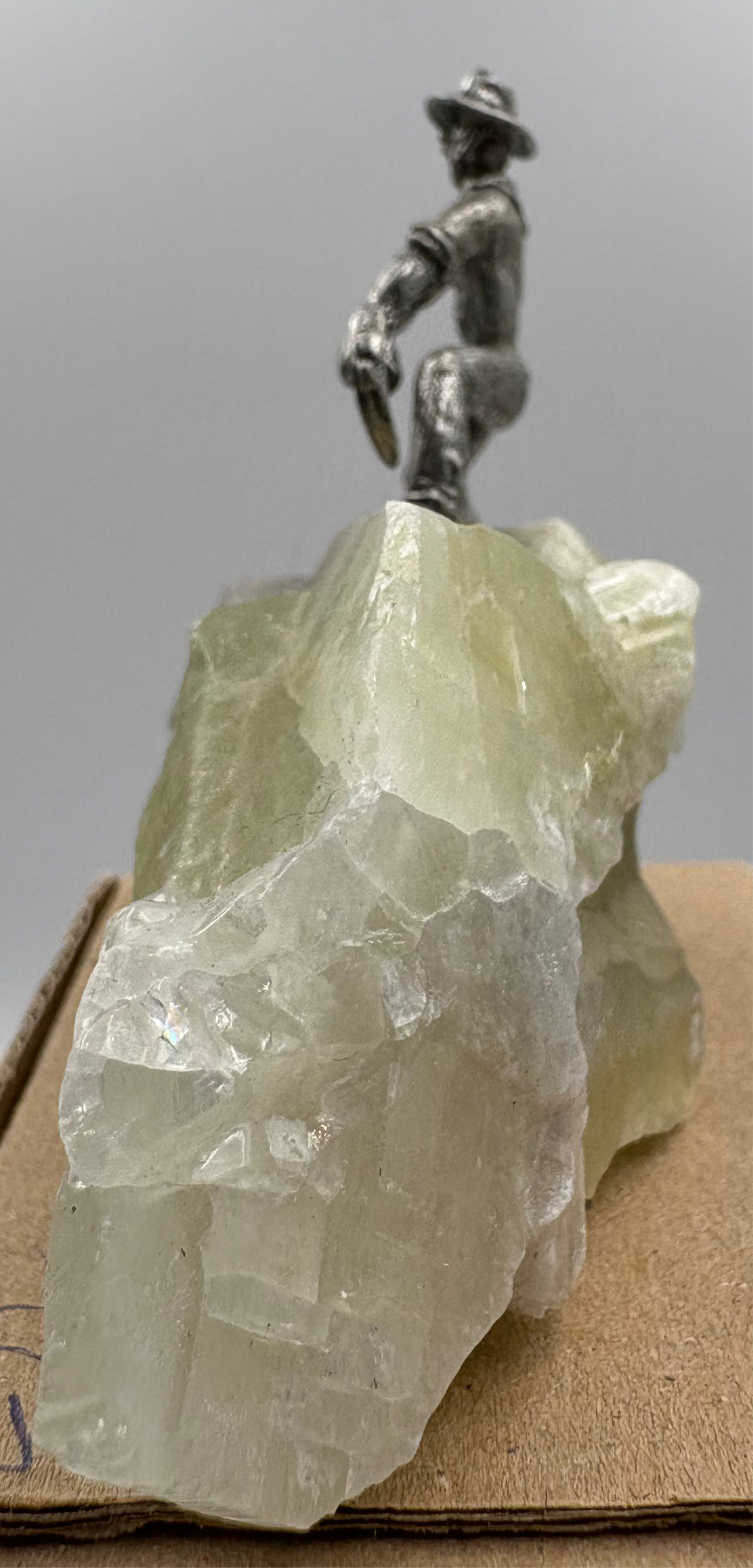Pewter Gold Prospector with - Pocket Treasure Gold Nugget and Green Calcite Crystal